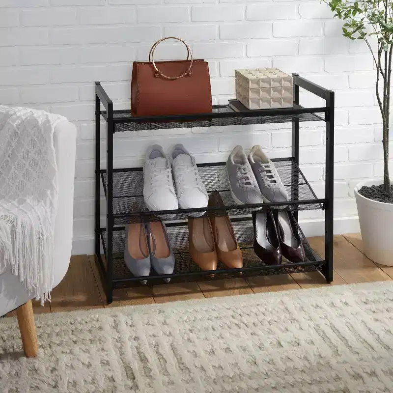 3-Tier Shoe Rack Organizer with Mesh, Black Iron Frame, Holds 12 Pairs, 29