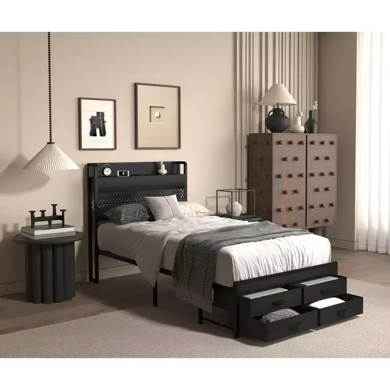 Twin Size Platform Bed Frame with Storage Headboard, 4 Under-Bed Drawers, LED Light and Charging Station for Smart Bedroom Solution