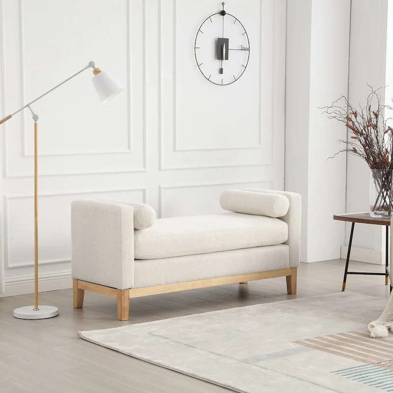 53.5W Elegant Boucle Upholstered Bench, Ottoman with Wood Legs & Bolster Pillows