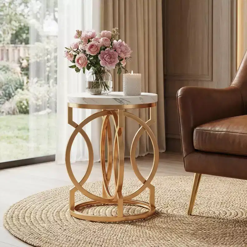 Round End Table, Modern Bedside Table with Faux Marble Top