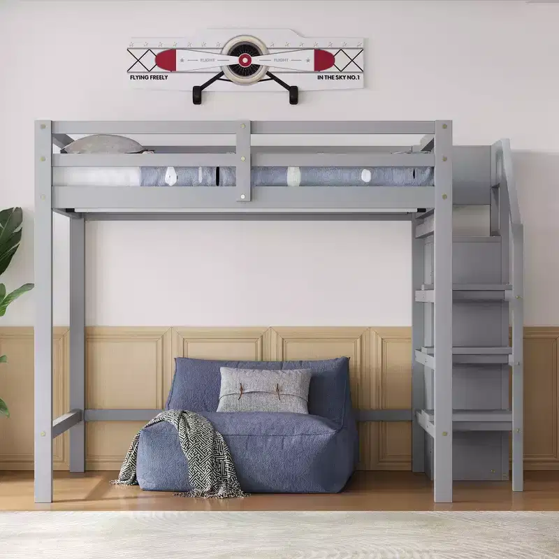Whisen 93.8''L*57''W Wood Full Size Loft Bed with Built-in Storage Wardrobe and Staircase, Maximized Space