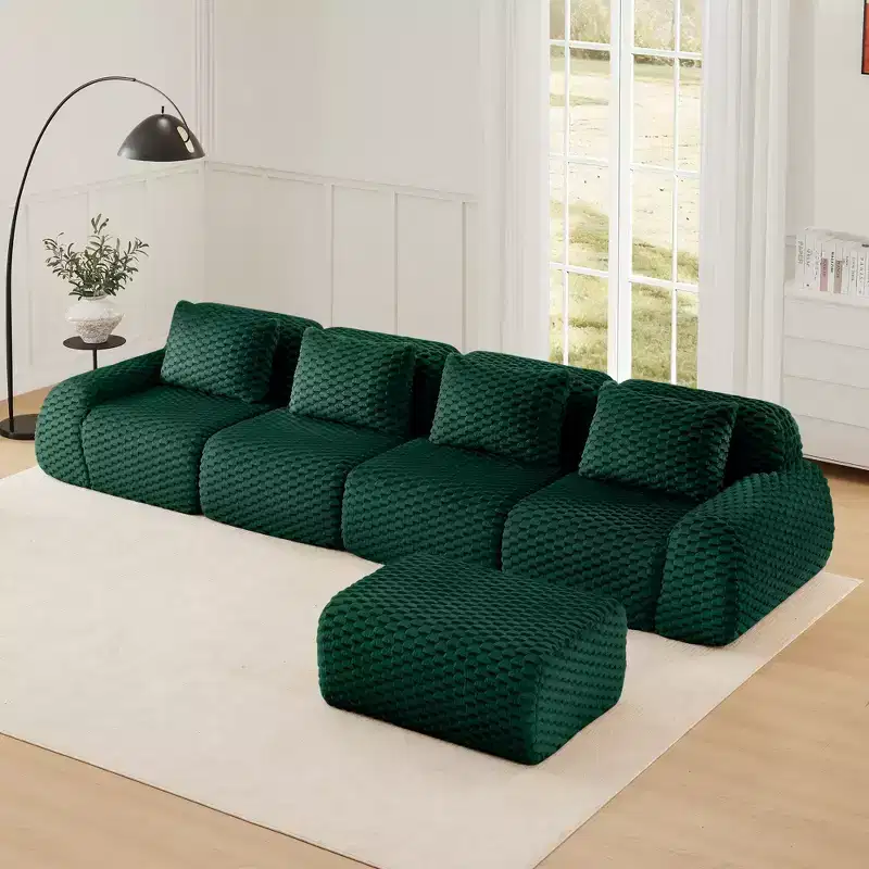 146 L-Shaped Modular Sofa Flannelette 4-Seater Ottoman Buckle No Assembly Green