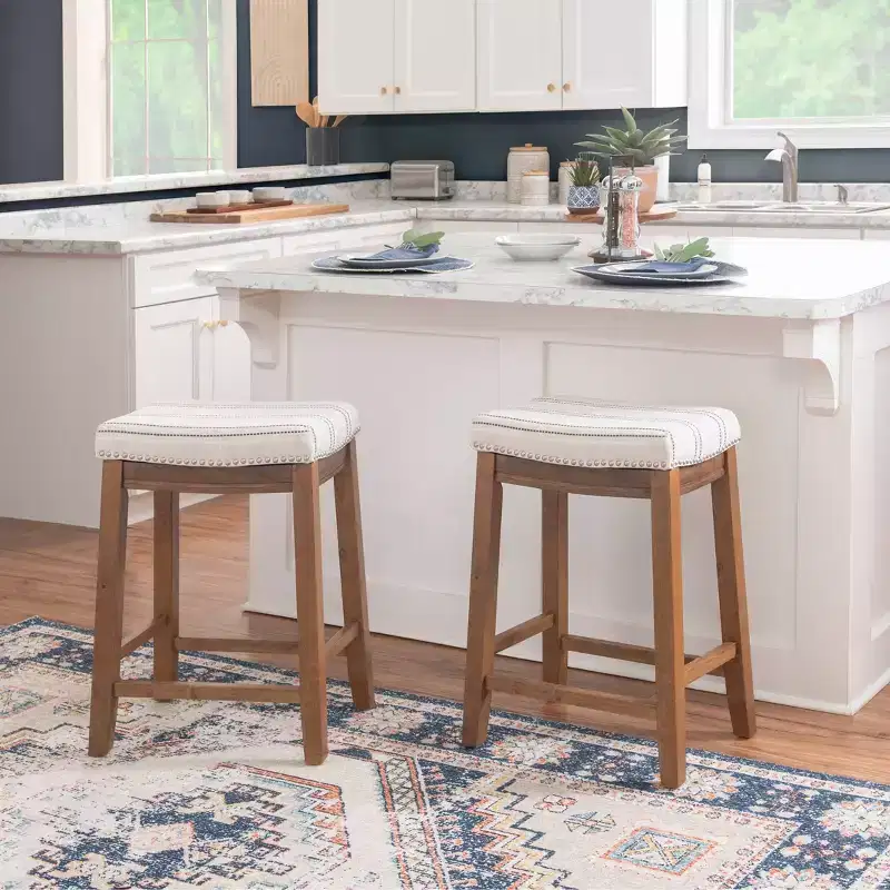 Counter Height Barstool Rustic Brown Natural Linen Upholstered Backless