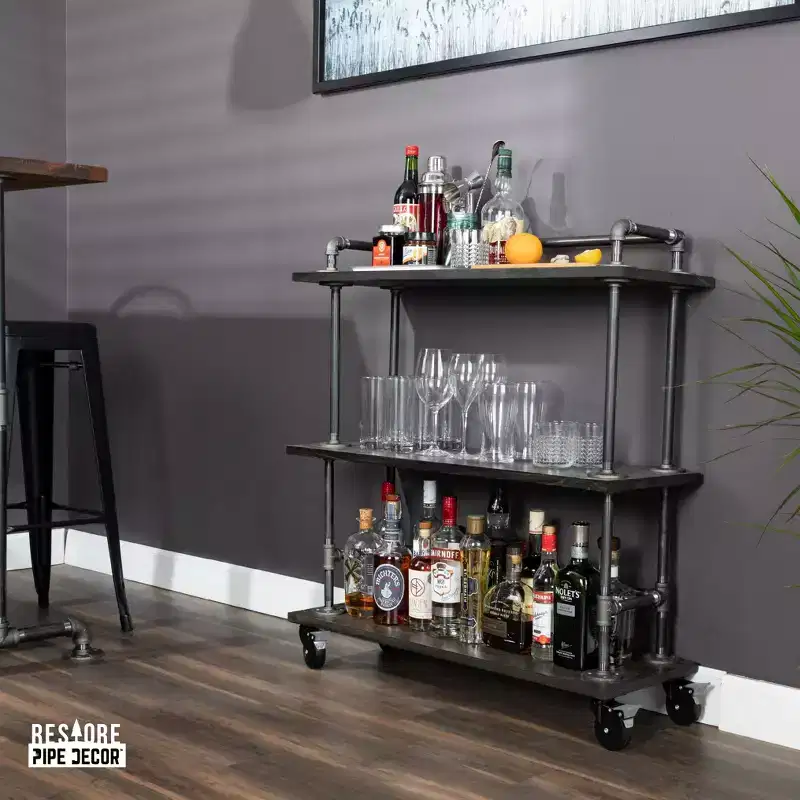 3-Tier Industrial Wood Shelf Bar Cart with Locking Wheels