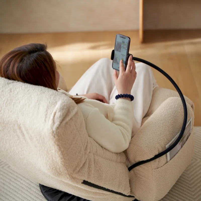 Beige Boucle Swivel Recliner with Phone Holder, Adjustable Headrest, and Backrest