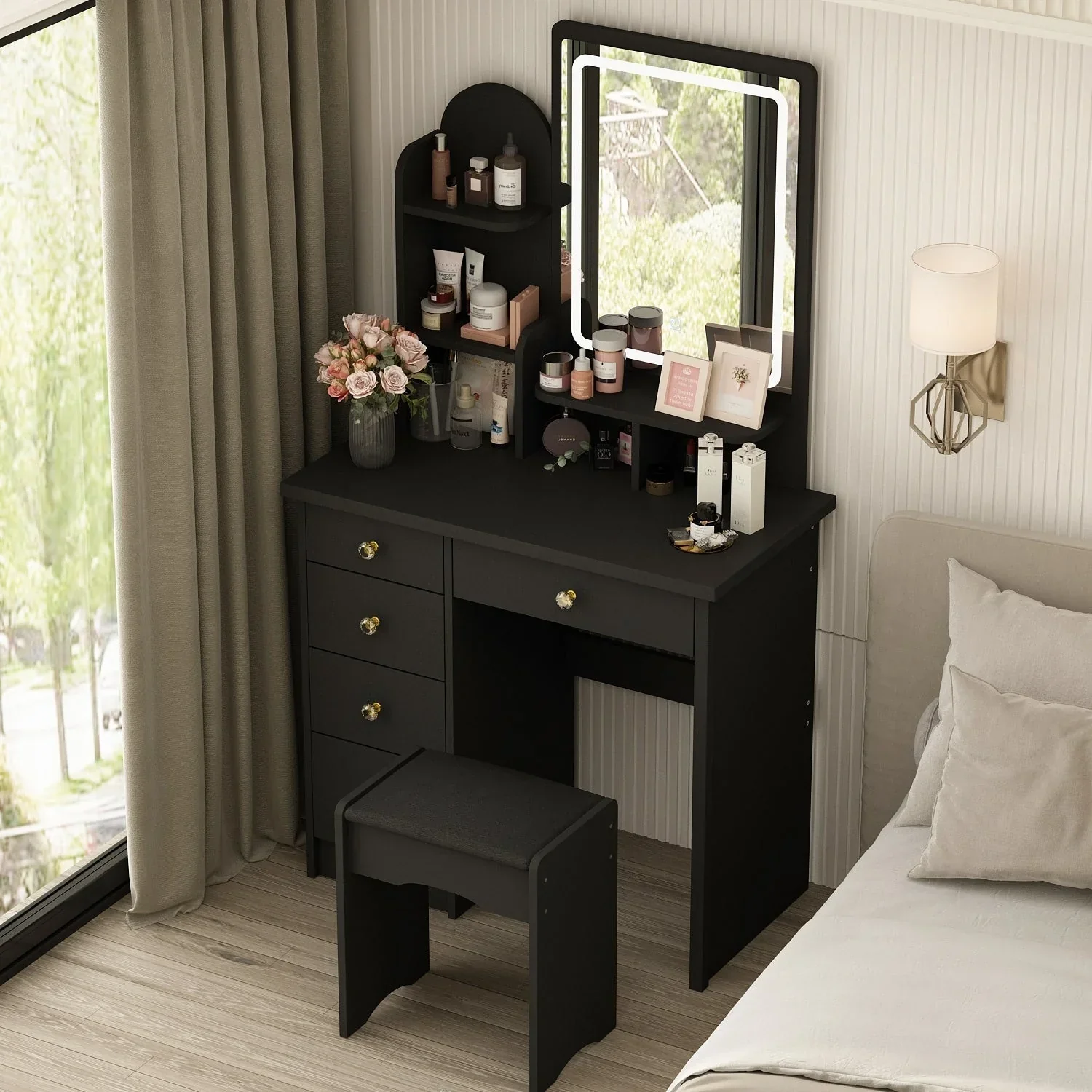 Makeup Vanity Set Table With LED Light &Mirror & Stool