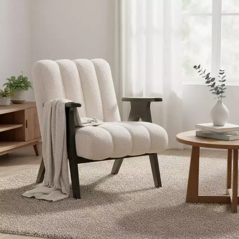 Homy Casa Modern Accent Chair with Channel Tufted Teddy Fabric and Wooden Frame, Beige