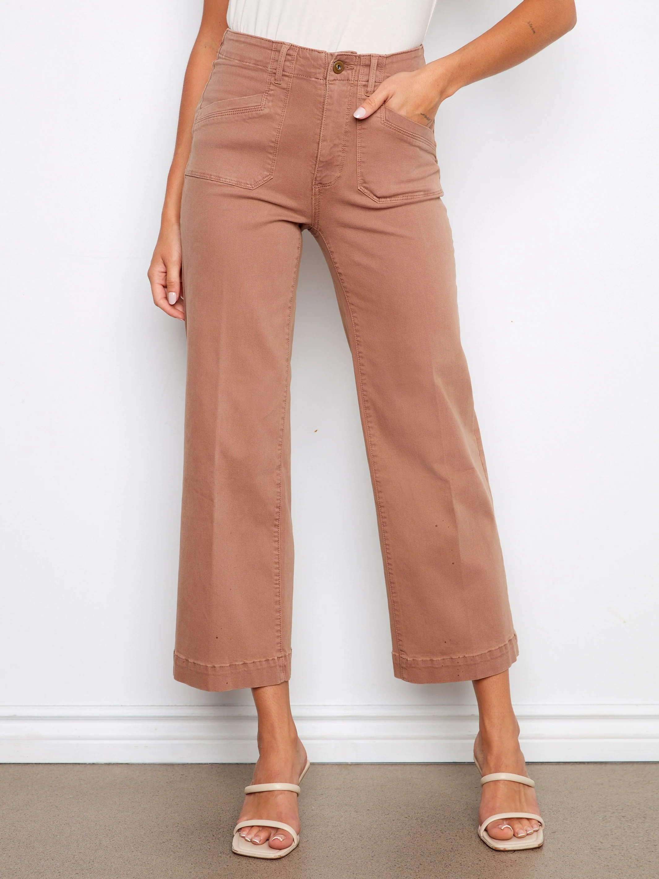 Cropped Wide Leg Stretch Twill Jeans - Brown