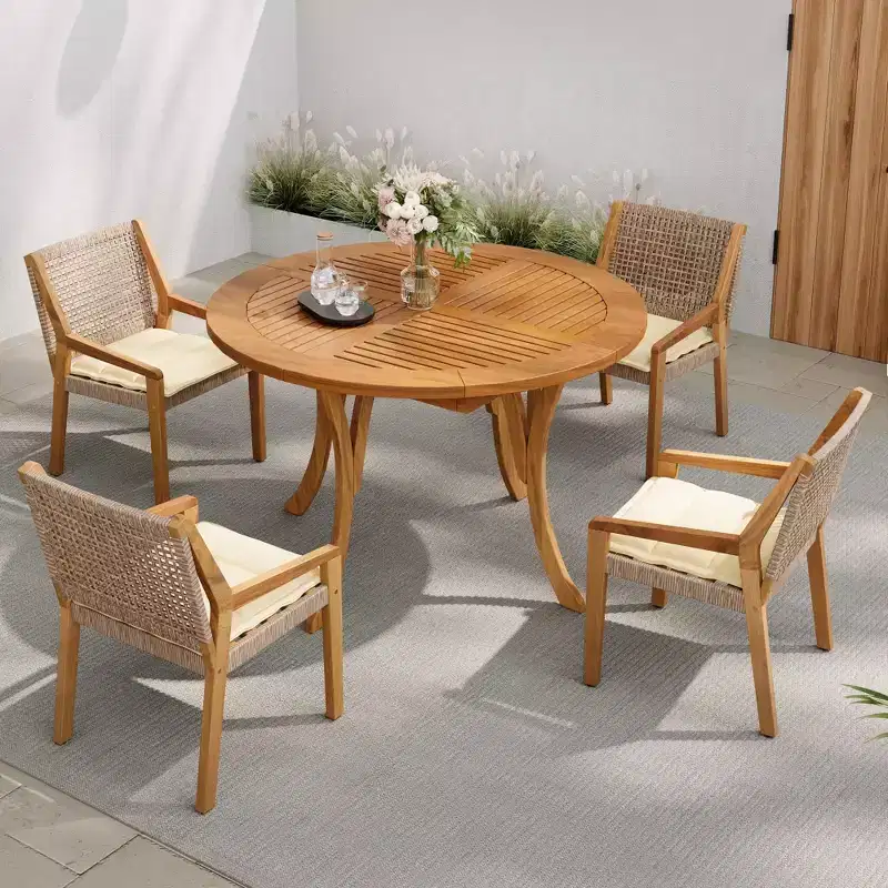 NAYSAYE Patio Dining Sets Outdoor Acacia Wood Table with Wicker Chairs and Cushions for Garden Patio, Teak, 23.5*21.25*32