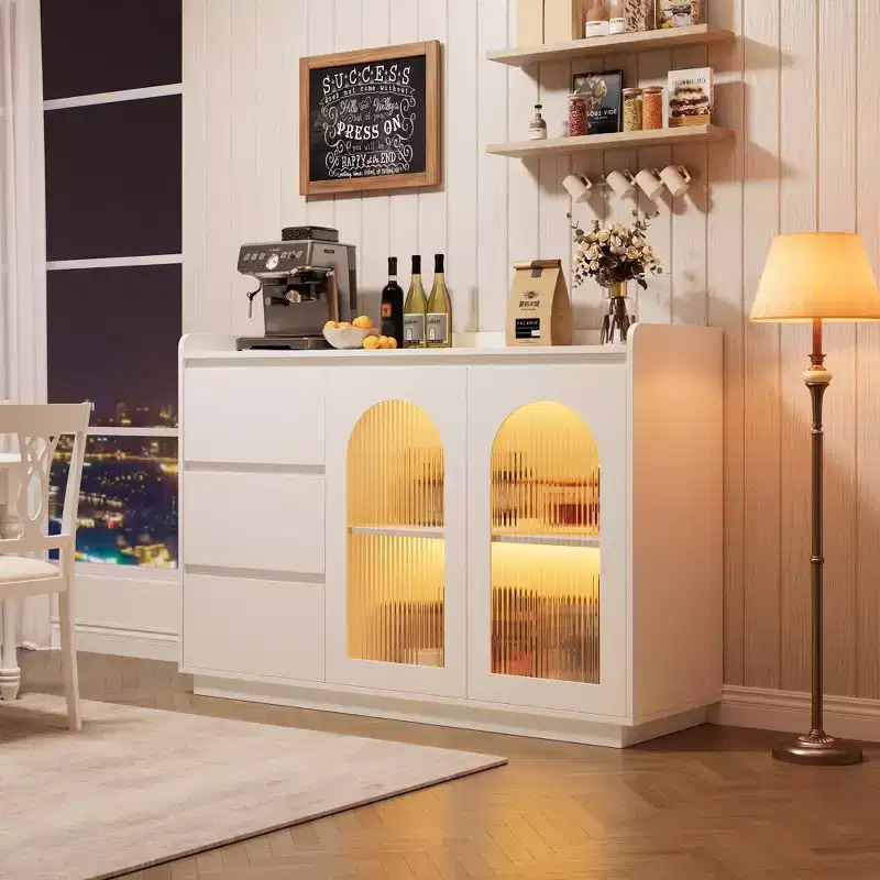 48 Modern Coffee Bar Sideboard with Glass Doors, 3 Drawers & Lighting - Kitchen Buffet Storage Cabinet for Dining Room & Living Room