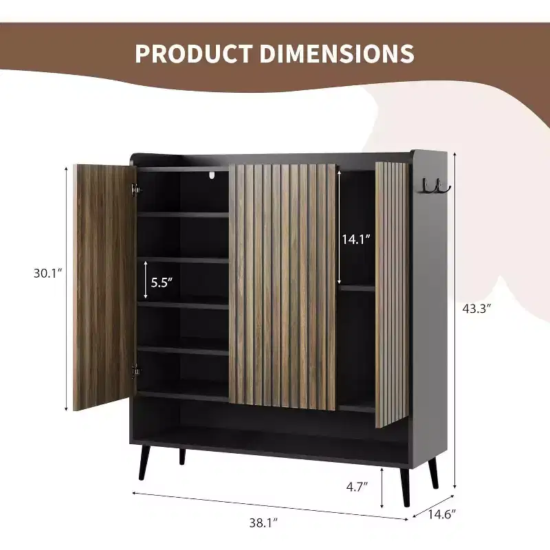 3-Door Shoe Cabinet with Storage Hooks, 6-Tier Shoe Organizer for Entryway, Freestanding Shoe Storage for Hallway Living Room