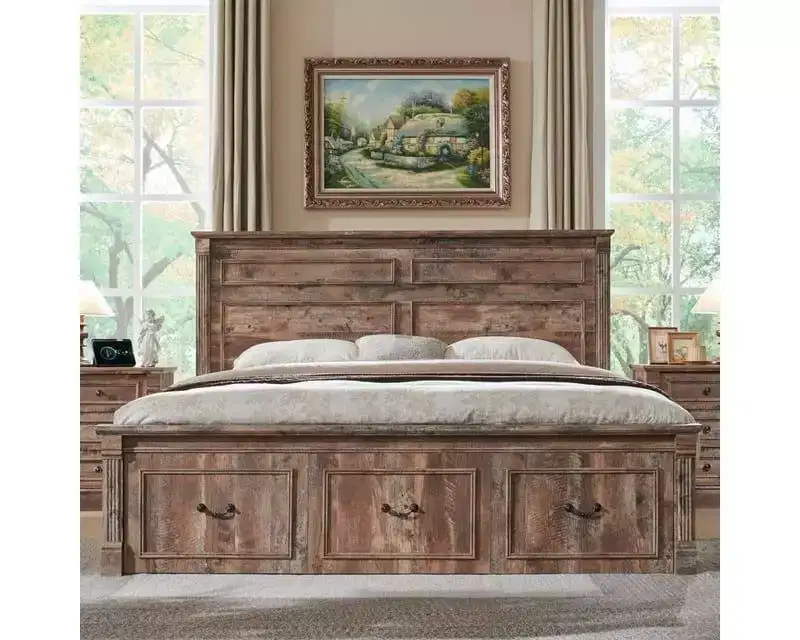 Full Size Bed Frame with Tall Headboard, Roman Footboard, 2 Storage Drawers, No Box Spring Needed