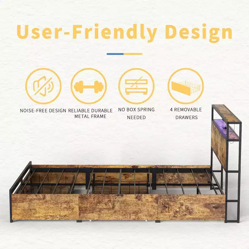 HAUSOURCE Industrial Style Queen Platform Modern Bed Frame with 4 Drawers, Headboard storage, and Outlets, Sturdy Metal Construction, Rustic Brown