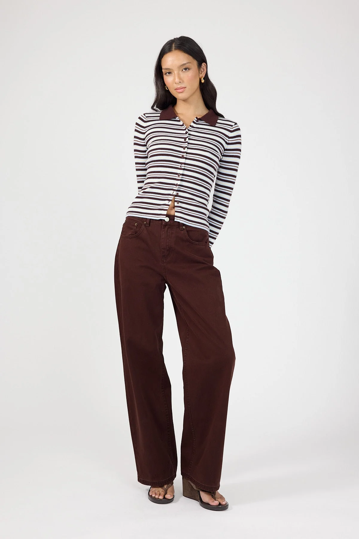 Knit Long Sleeve Polo Brown Stripe
