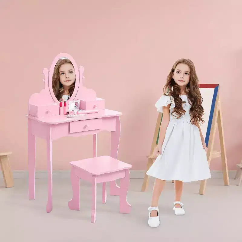 Acekool Kids Vanity Set with Adjustable Mirror, Childs Pretend Play Table, Chair & Makeup Accessories, White