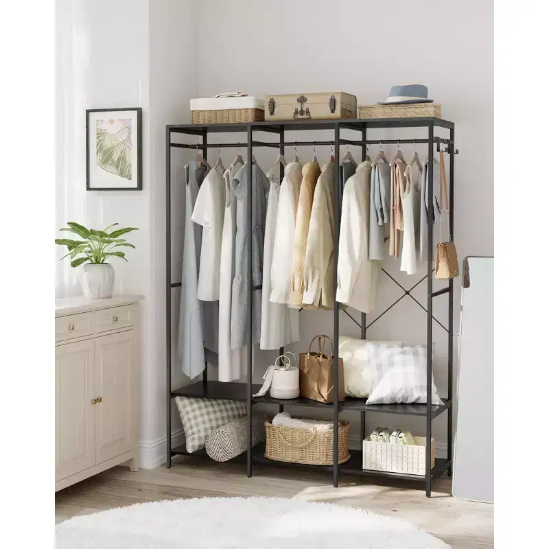 SONGMICS Clothes Rack, Iron and Wood Wardrobe Closet Organizer, Heavy Duty Garment Rack with Hanging Rods