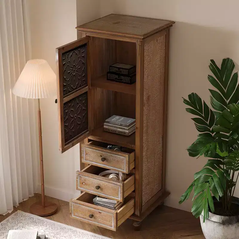 GDFStudio Brielle Rustic Tall Storage Cabinet with Floral Cutout Door and Drawers