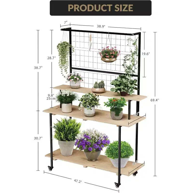 Grid Wall Plant Stand 3-Tier,Heavy Duty Metal Grid Display with Adjustable Shelves & Hooks, Multi-Purpose Indoor Outdoor Plant Shelf for Garden,Home