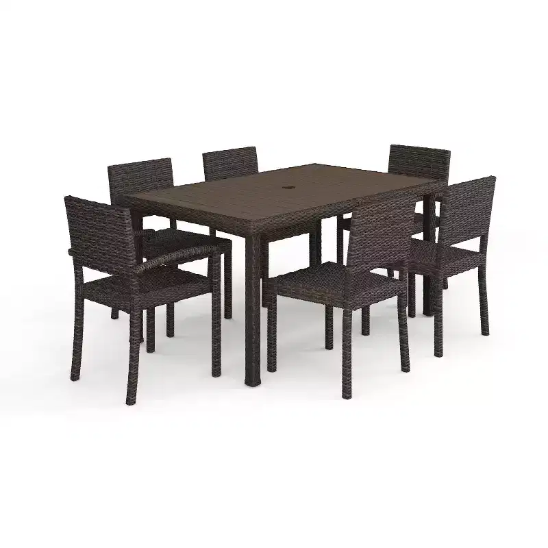 Martha Stewart Bedford 7-Piece Indoor-Outdoor Dining Set with 6 Stackable Dining Chairs and 62 Patio Table with Engineered Wood Top in Rattan Wicker