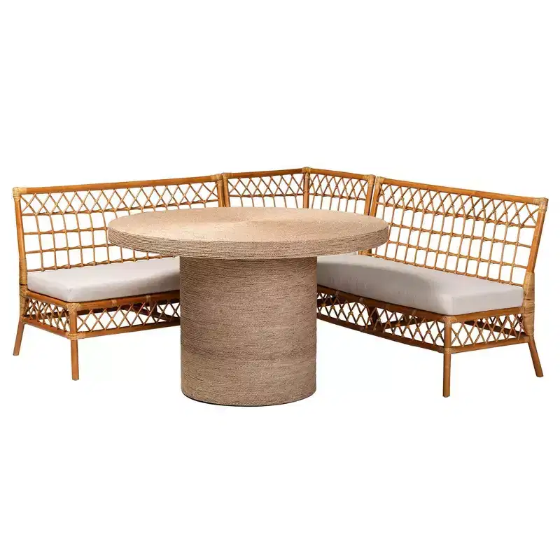 bali & pari 4pc Adalina Rattan Dining Nook Set: Plush Cushions, Round Table, No Assembly Required