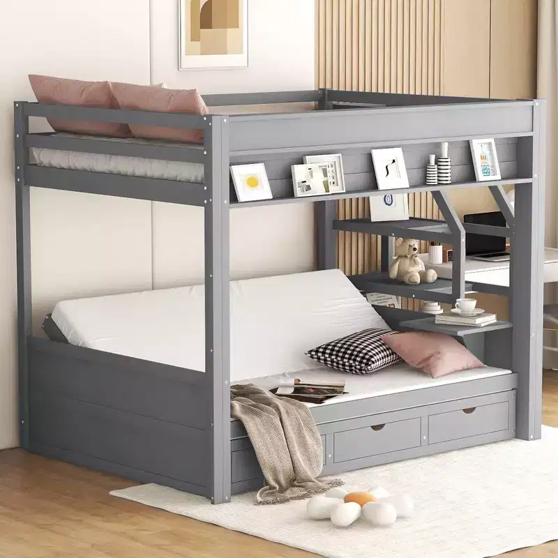 Clihome Wood Full Size Convertible Bunk Bed with Storage Staircase, Bedside Table,and 3 Drawers