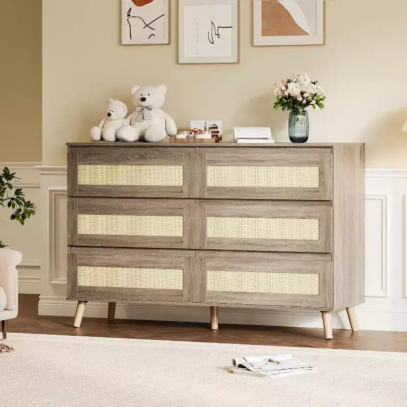 8-Drawer Rattan Dresser, Modern Wide Chest with Style, Double Dresser TV Stand Storage Organizer for Bedroom, Living Room, Entryway