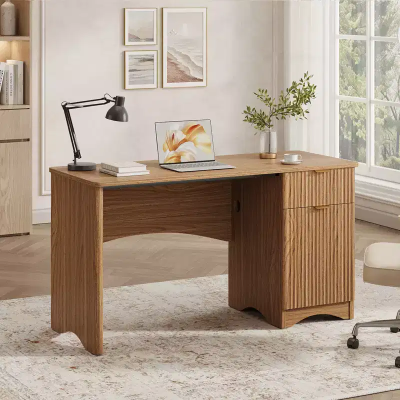 Bestier 47 Computer Desk with Drawer, Modern Home Office Desk with Storage Cabinet, Fluted PC Study Writing Desk for Small Spaces