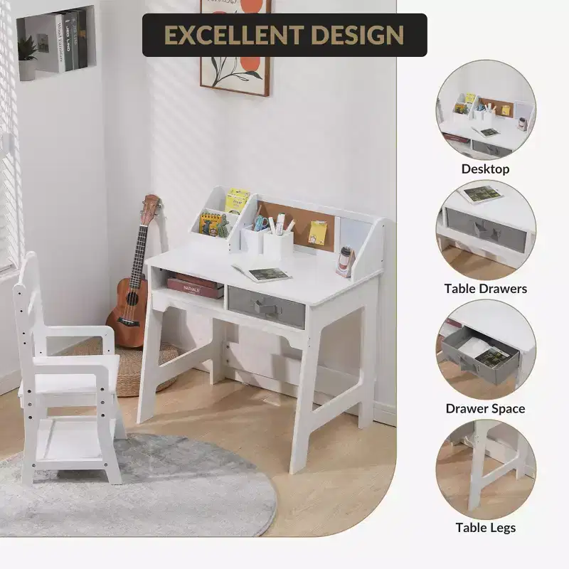 Children's Study Desk and Chair Set with Bookshelf and Two Pencil Holders, Suitable for Kids' School Desks and Student Study Tables