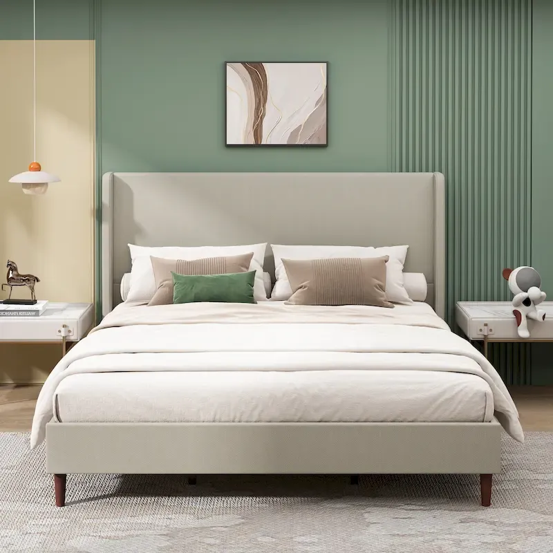 King Size Solid Wood Legs Platform Bed with 12-Slat Support System