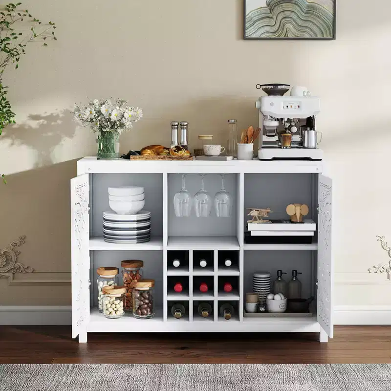 AEELLEEA Wine Bar Cabinet with 2 Doors MDF Buffet Storage Liquor Cabinet with Wine Rack and Glass Holder for Living Dining Room Kitchen White