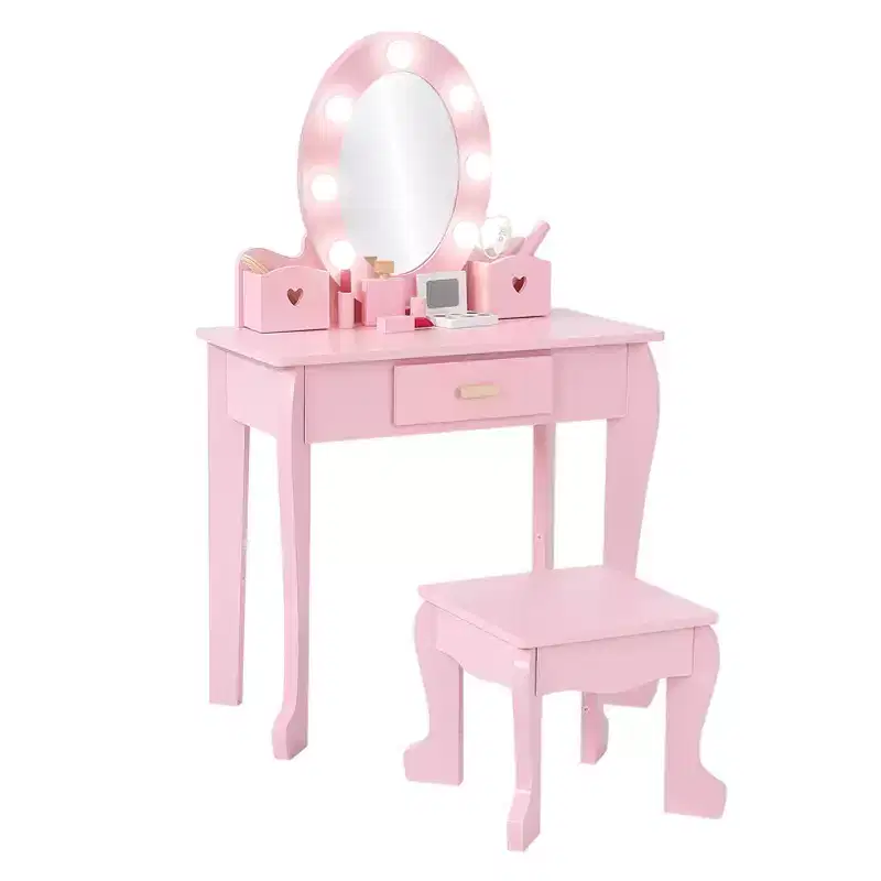 CuisinSmart Princess Vanity Set for Girls with Light-Up Mirror, Makeup Table & Stool  Wooden Dress-Up Playset for Ages 3-9