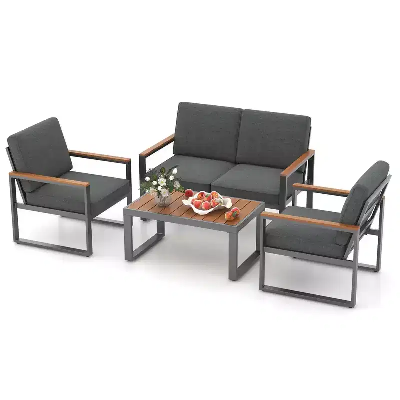 Costway 4 PCS Patio Aluminum Furniture Set Wood-Plastic Armrests & Tabletop for Balcony