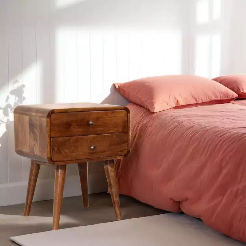 Modern Mango Wood Curved Nightstand with 2 Drawers