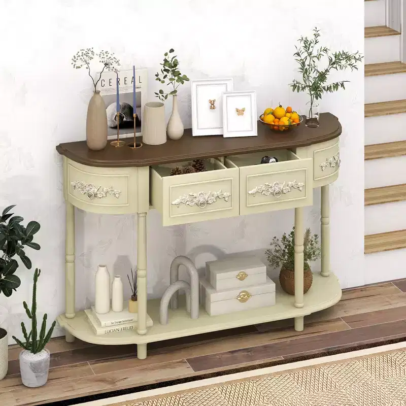 52-Inch Half-Moon Console Table with Drawers and Open Shelf