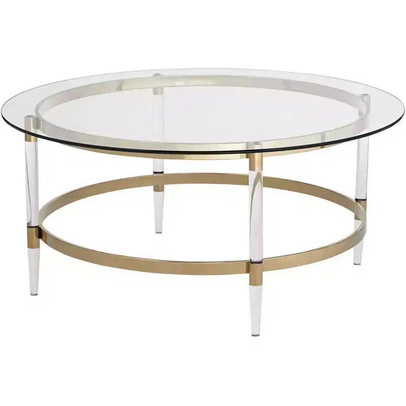 55 Downing Street Saarinen Modern Minimalist Gold Round Coffee Table 38 Wide Clear Glass Tabletop and Legs for Living Room Bedroom House