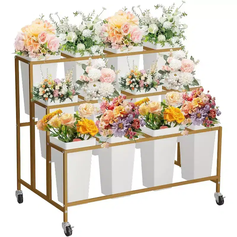 Flower Display Stand with 12 Square Buckets,Metal Flower Cart with Wheels for Patio, Garden, Shop, Indoor and Outdoor