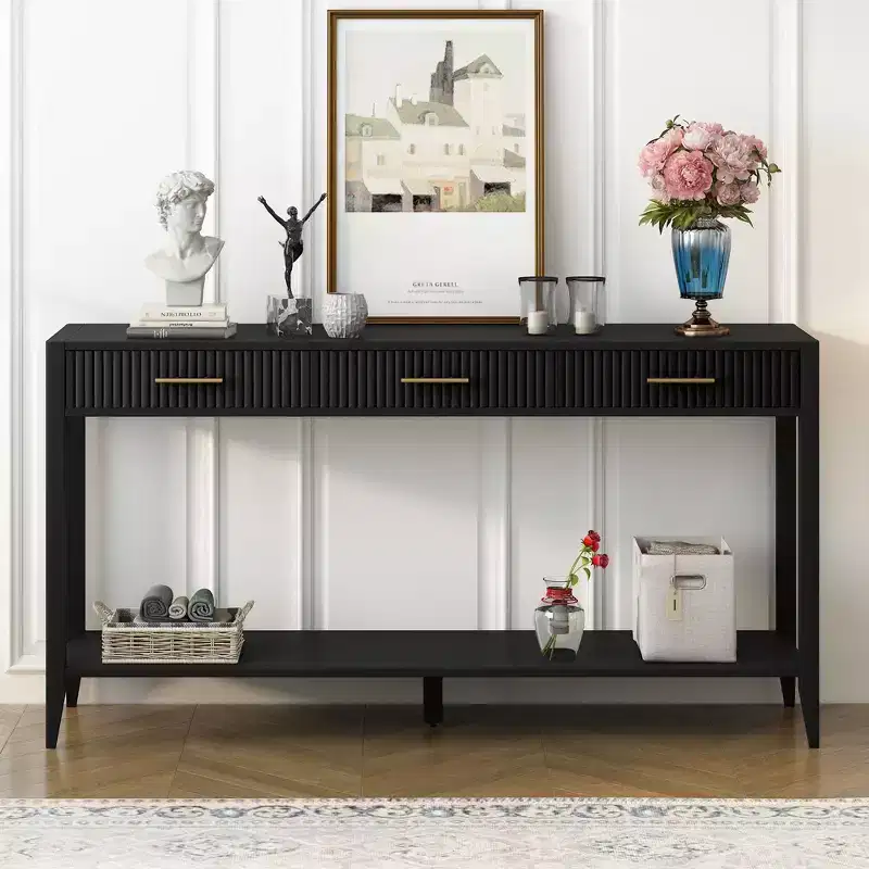 Okak 60IN Modern Narrow Console Table with Storage Shelf, Entry Table with 3 Drawers and Metal Handle, Accent Table for Living Room, Foyer, Black