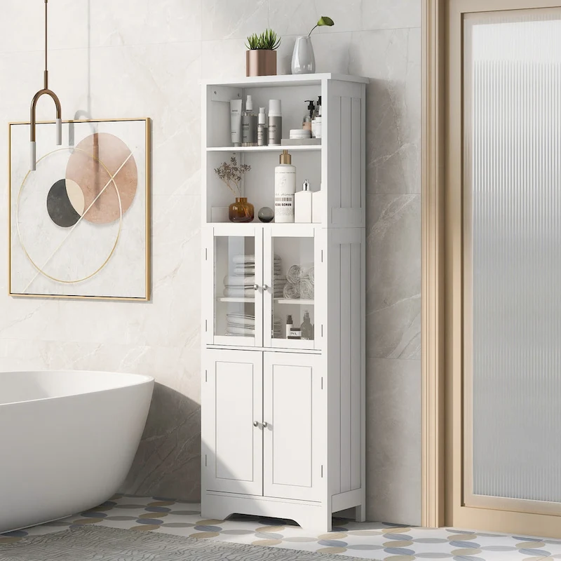 White Tall Bathroom Storage Cabinet with Shelves and Doors for Kitchen and Living Room - 23W x64H