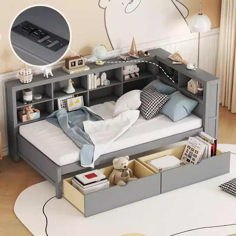 Daybed with L-shaped Bookcase and 2 Drawers, Wooden Day Bed with Storage Shelf and USB Charging Ports