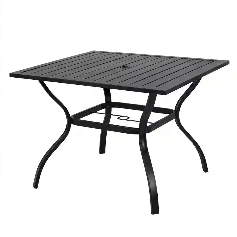 Metal Steel Slat Patio Dining Table, Square Backyard Bistro Table Outdoor Furniture Garden Table