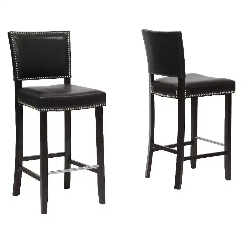 Modern Barstools Set of 2, Nailhead Trim, Black Vinyl, Wood Frame, 30.5