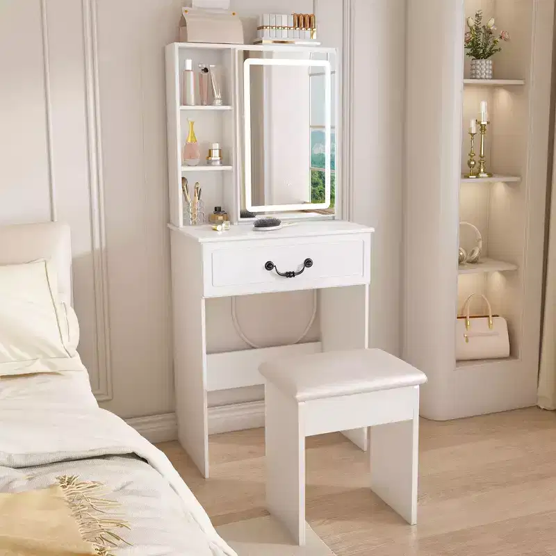 Okak Modern Compact Vanity with Padded Stool, Multi-Tier Vanity Desk with Dust-Proof Hidden Storage, Vanity Desk with Mirror, White