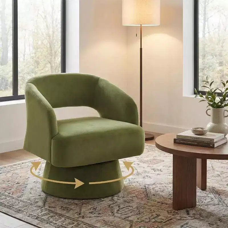 Modern 360 Swivel Velvet Barrel Accent Chair, Upholstered Armchair with Striped Backrest & Plush Padding, Comfy Round Lounge Chair