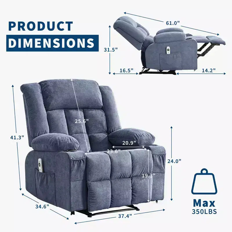 Large Recliner Chair, Manual Reclining Sofa with Massage and Heat, Comfy Sofa Chair with 3 Positions, 2 Side Pockets, 2 Front Pockets and 2 Cup Holder