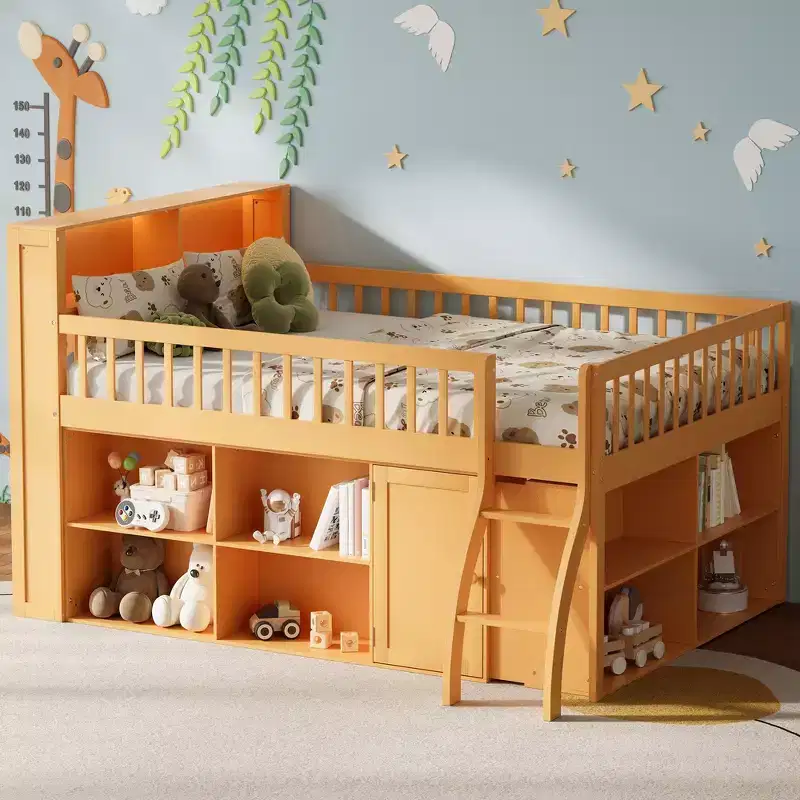 Full Size Loft Bed Frame with Storage, Built-in Headboard, Space-Saving Design
