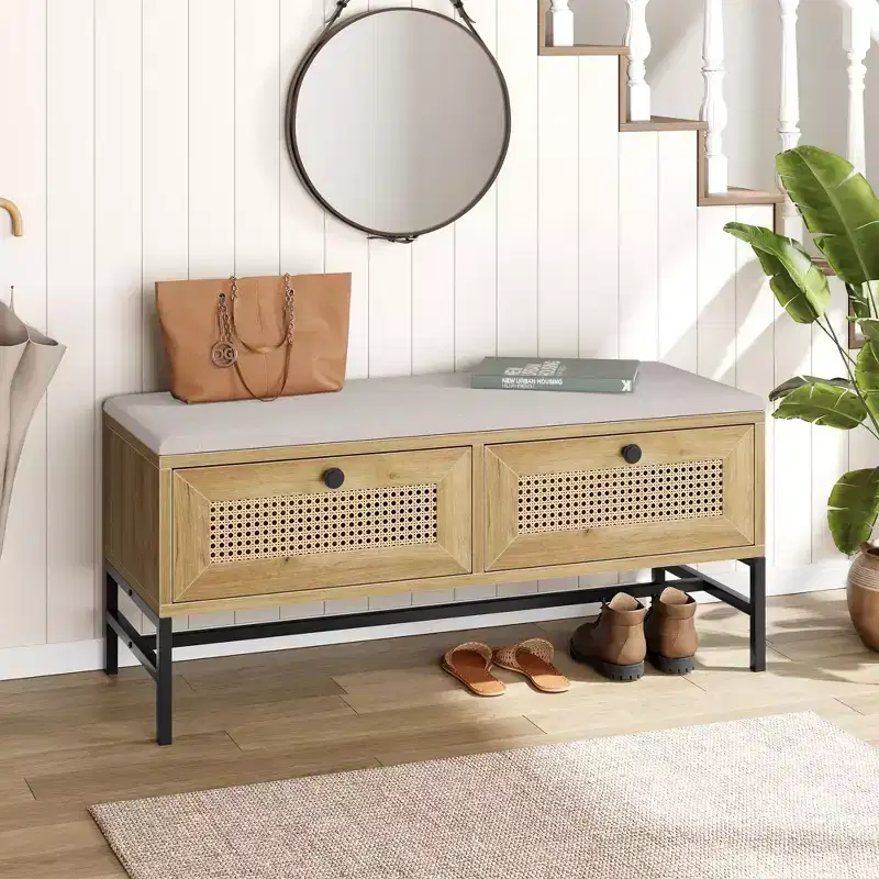 Shoe Bench Entryway - Farmhouse Rattan Bench with 2 Storage Drawers, Washable Cushion & Steel Frame, 330 Lbs Capacity Space
