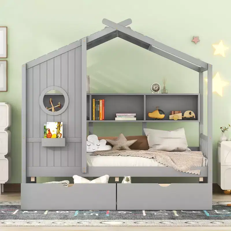 Twin/Full Size Wooden House Bed with 2 Drawers, Kids Bed with Storage Shelf - ModernLuxe