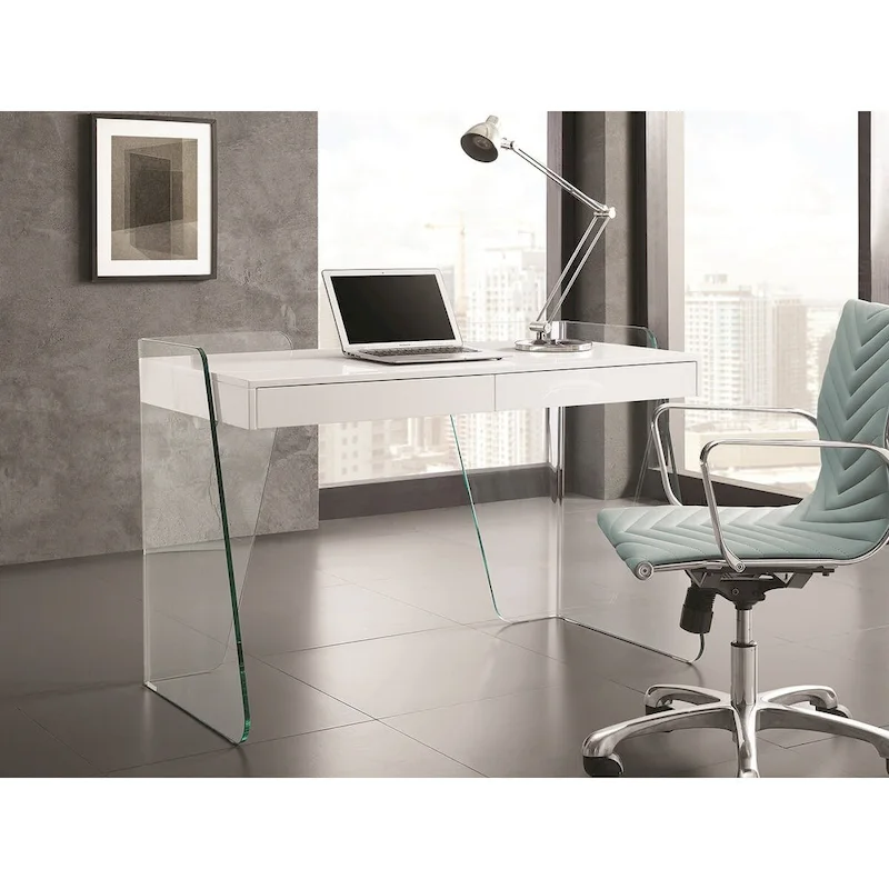 Modern Glass Top Office Desk – 2 Soft-Close Drawers, Commercial-Grade, Easy Assembly