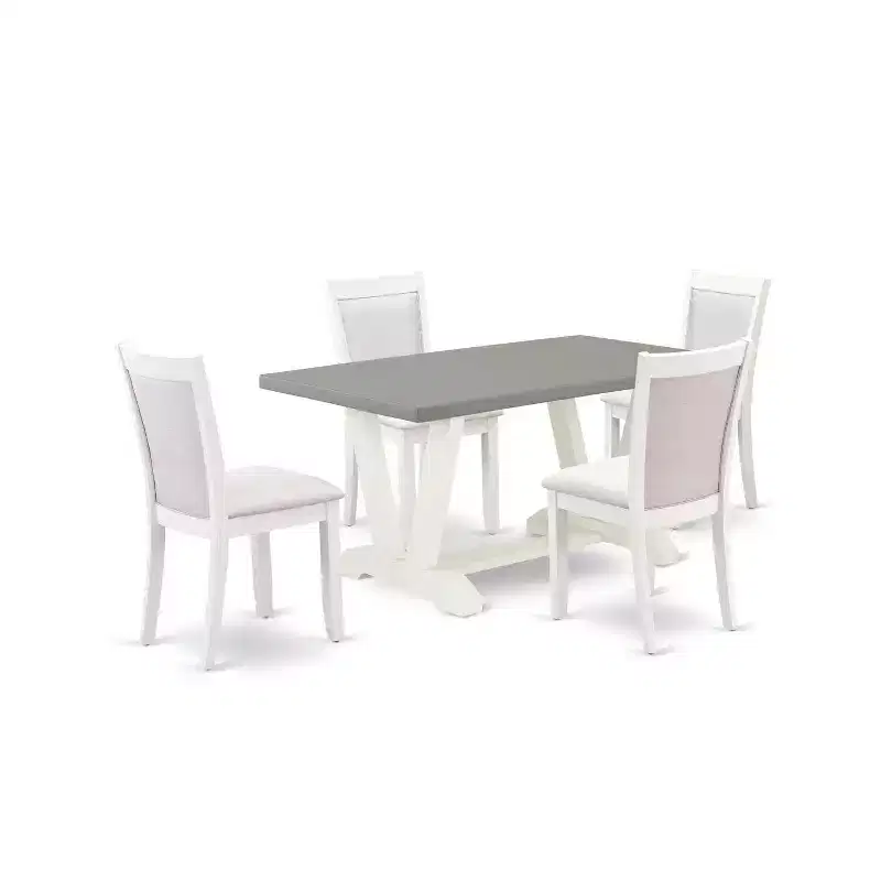 HomeStock 5-Piece Wire Brushed Linen White Finish Solid Wood Top Dining Table with 4 Upholstered Chairs