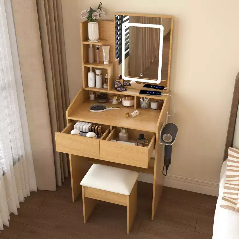 Modern Vanity Table with LED-Illuminated Mirror and Storage